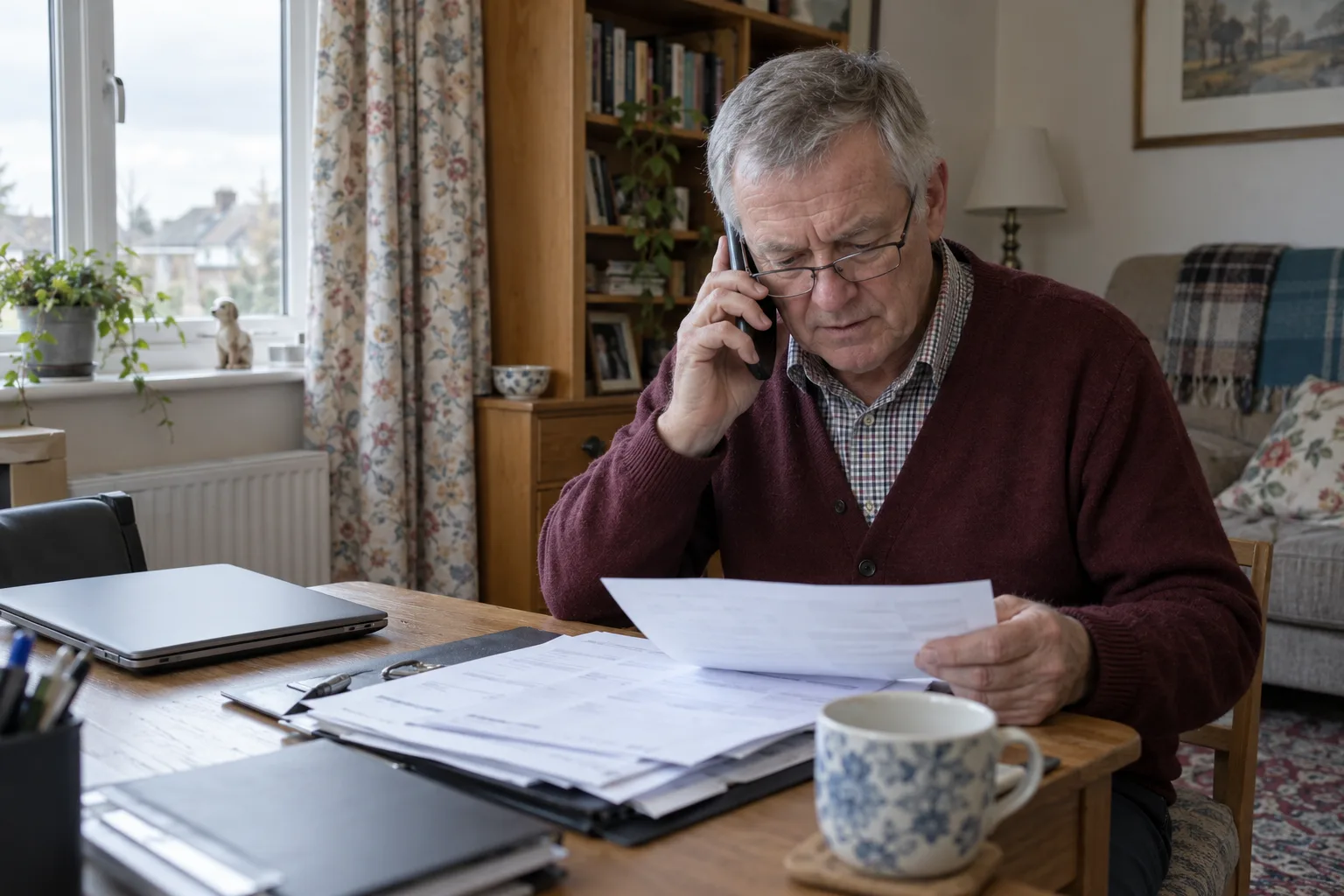 A homeowner checking business paperwork while talking on the telephone.