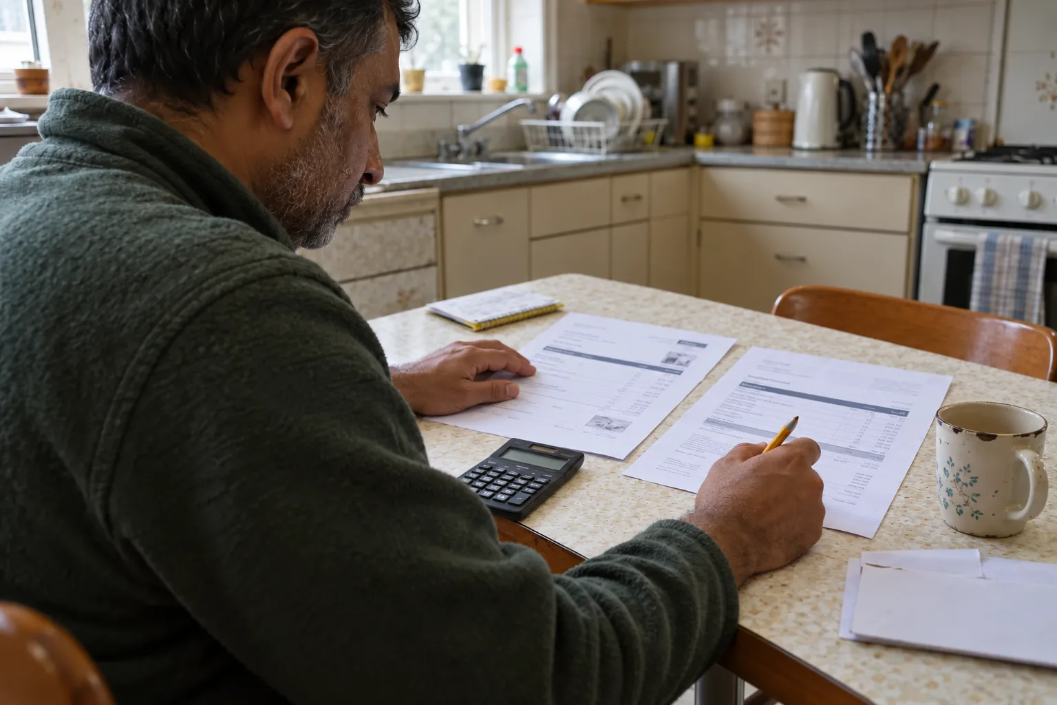 A homeowner comparing two printed quotations at a kitchen table.