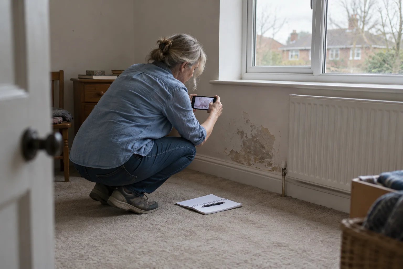 A homeowner photographing damaged plaster below a window for a job brief.