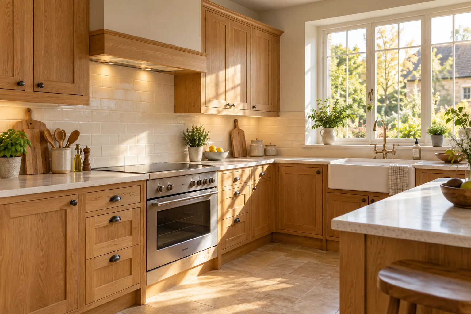 A bright kitchen with oak cabinets and a tiled splashback.